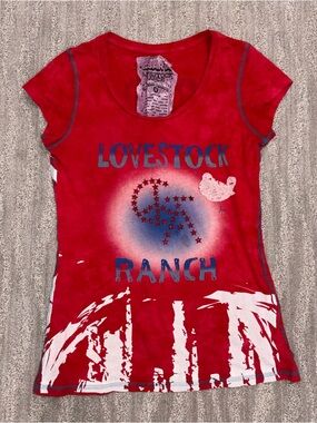 C Bar A Livestock Ranch Short Sleeve Graphic T-shirt Red Boho Y2K Women’s Sz M